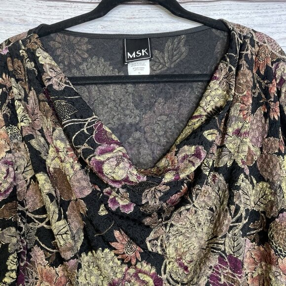 NWT MSK Floral Blouse. XL Cowl Neck Gold Glitter Whimsical Fairy Boho - Picture 3 of 14